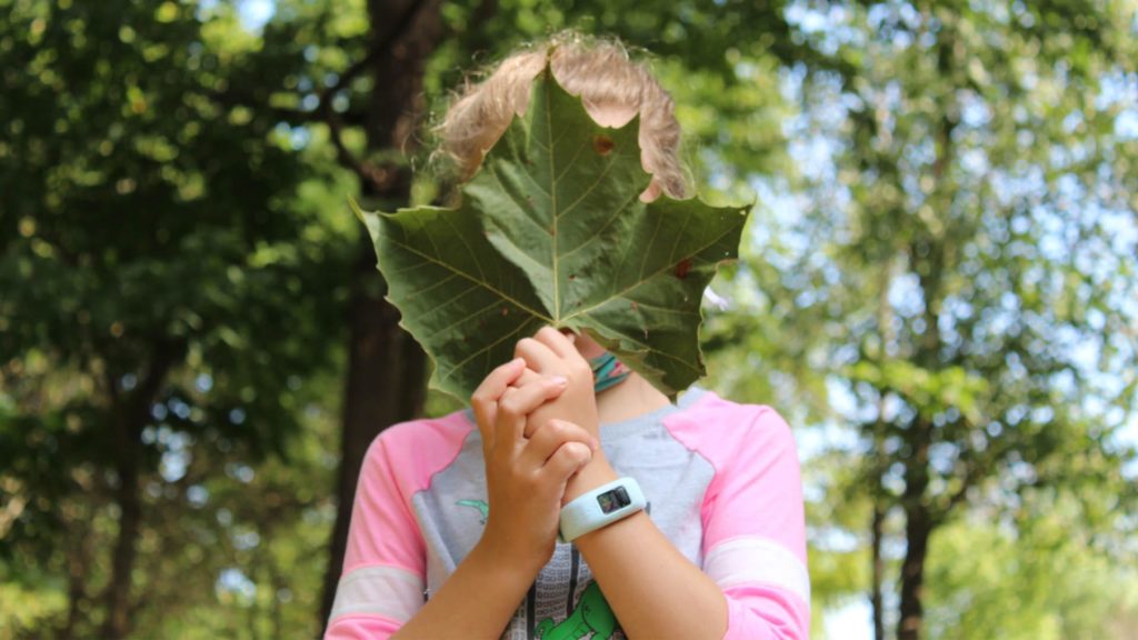 Child holds a leaf